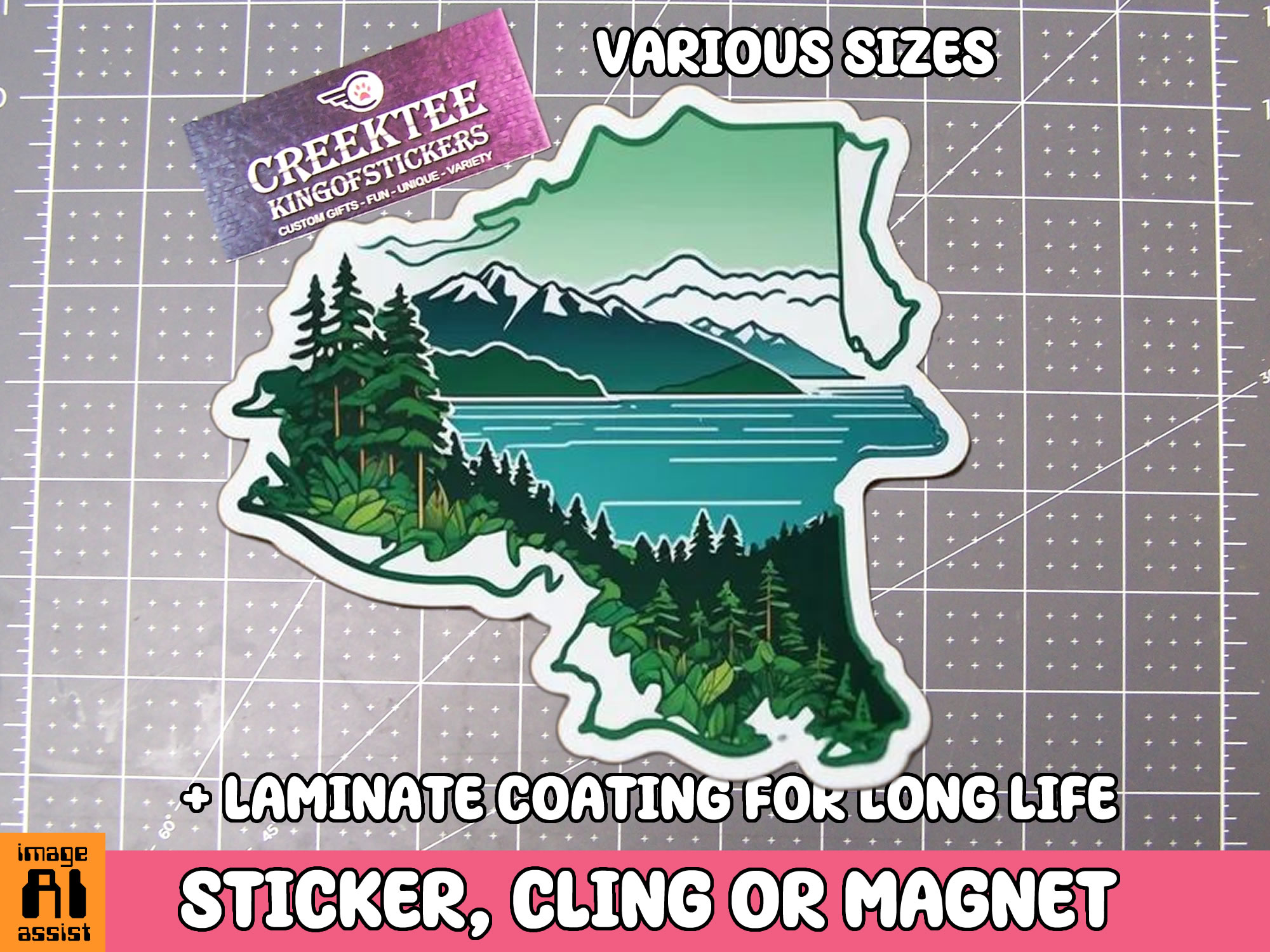 Scenic Mountain  Lake and Trees Die Cut Vinyl Sticker  Window Cling or Magnet with Laminate Coating in Various Sizes