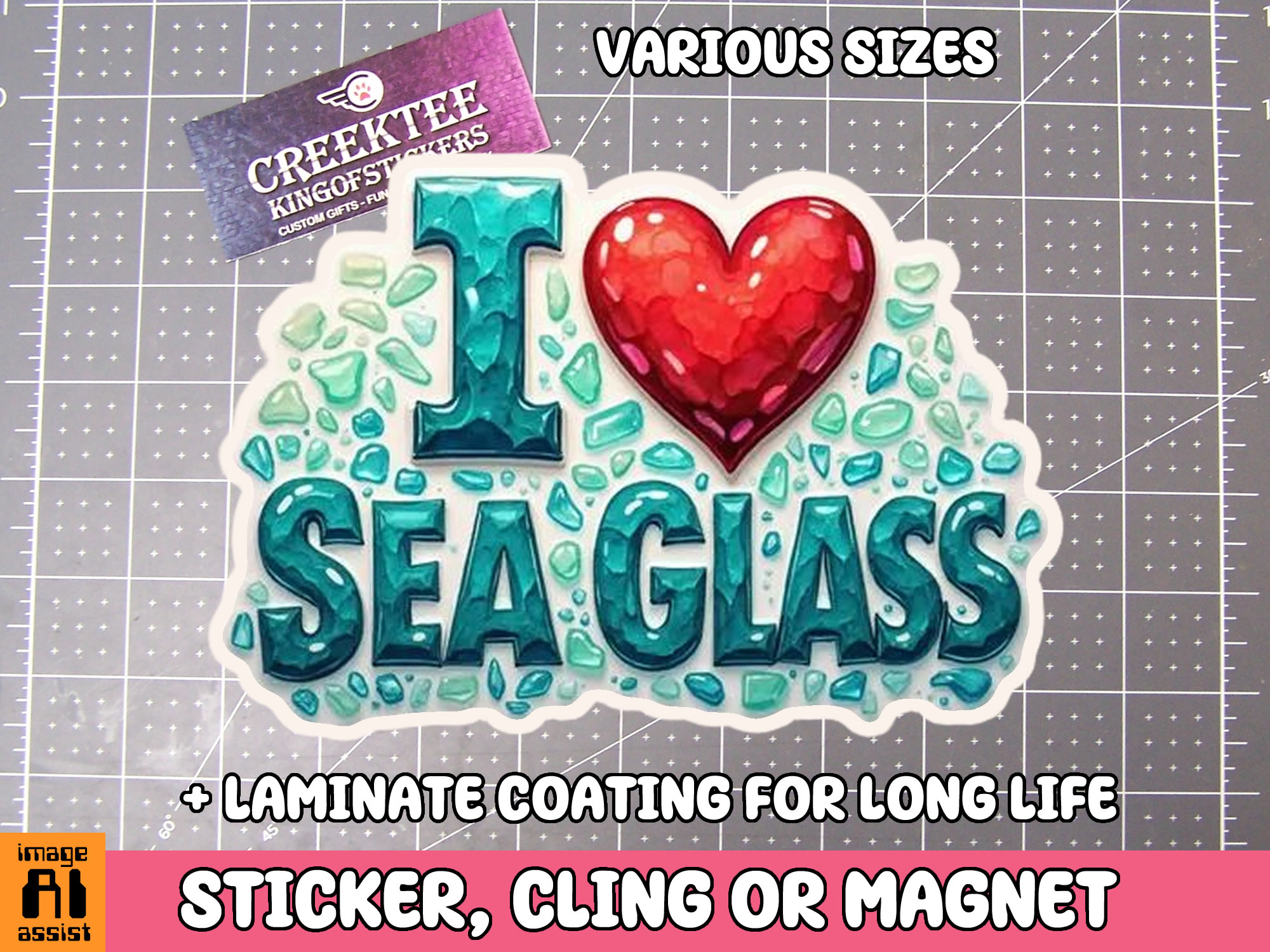 I Love Sea Glass Die Cut Vinyl Sticker  Window Cling or Magnet with Laminate Coating in Various Sizes