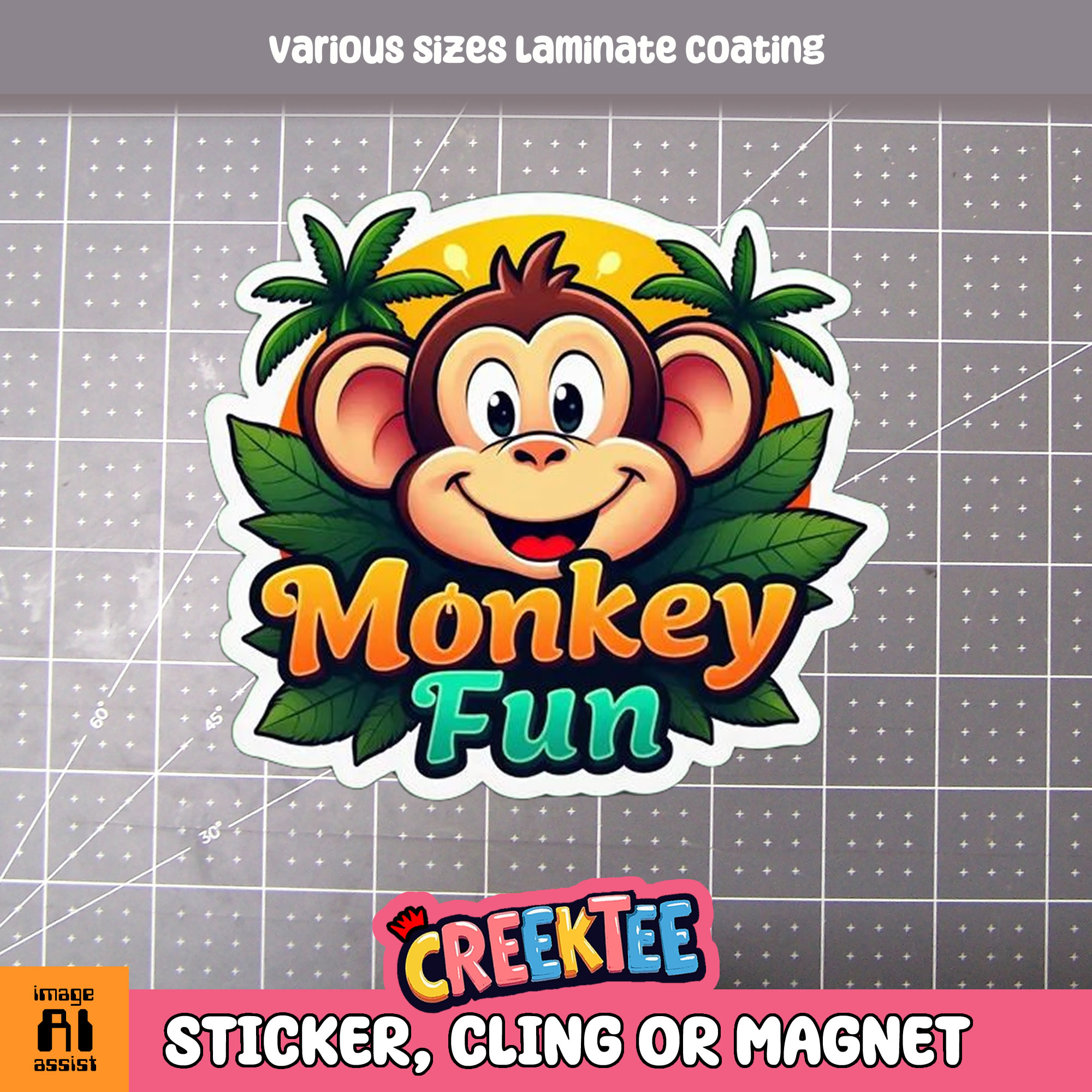 Monkey Fun Die Cut Vinyl Sticker  Window Cling or Magnet with Laminate Coating in Various Sizes