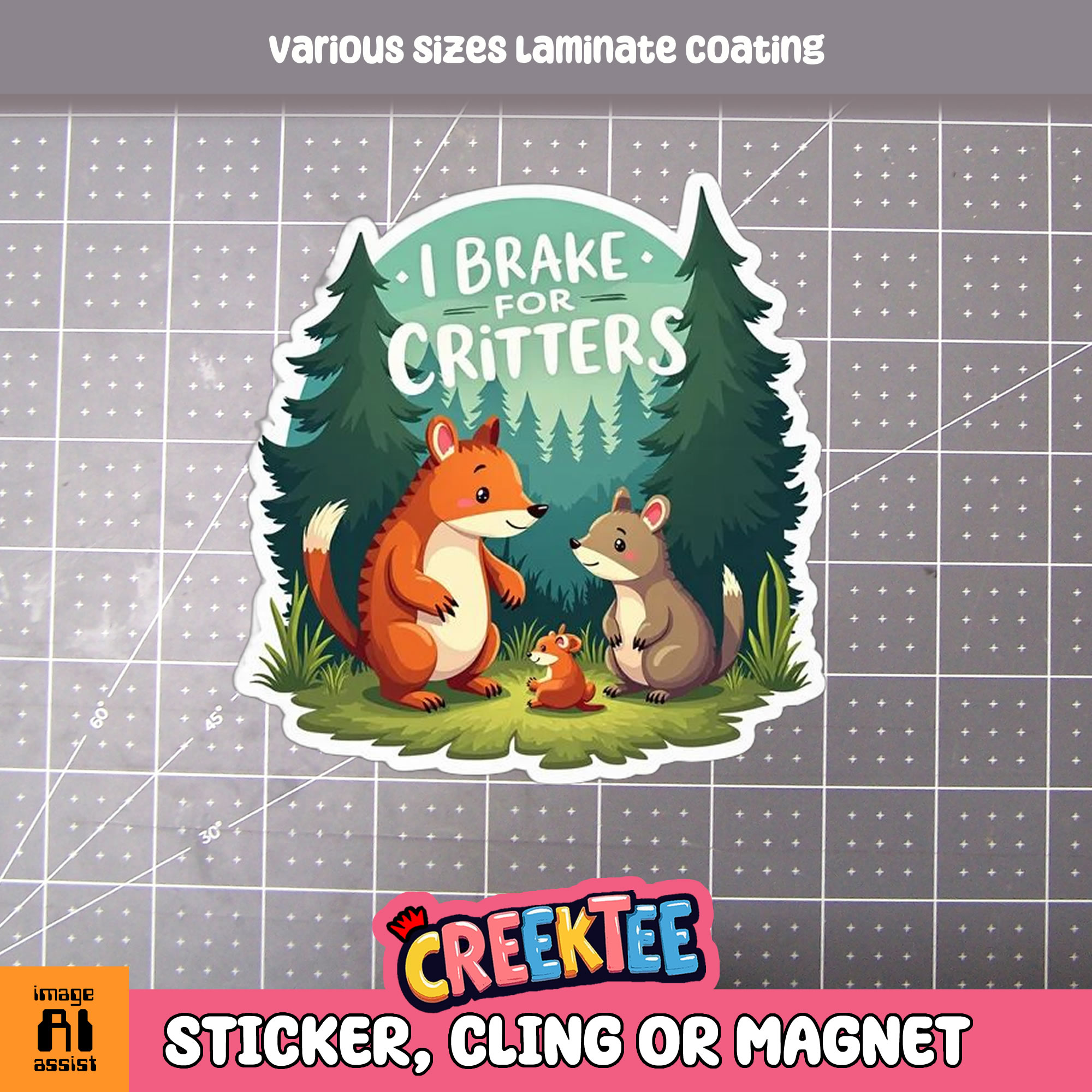 I Brake for Critters Die Cut Vinyl Sticker  Window Cling or Magnet with Laminate Coating in Various Sizes