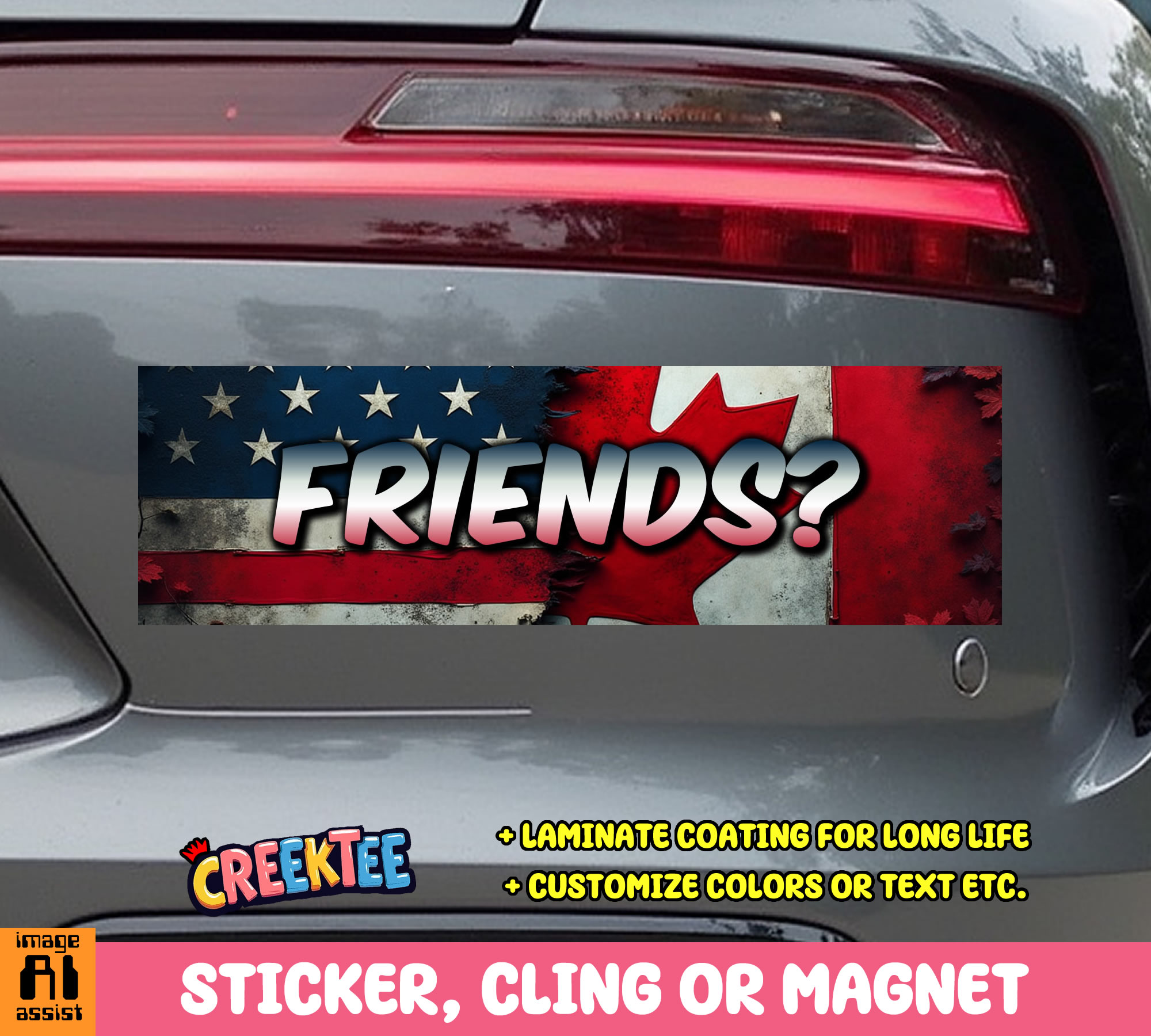 Canada USA Friends  Vinyl Bumper Sticker  Window Cling or Magnet in UV Laminate Coating and Various Sizes